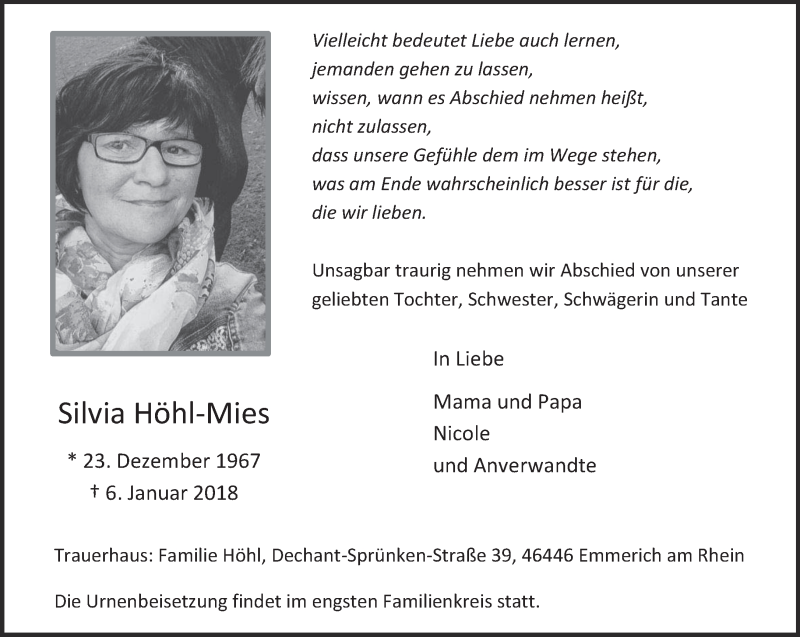  Traueranzeige für Silvia Höhl-Mies vom 13.01.2018 aus 
