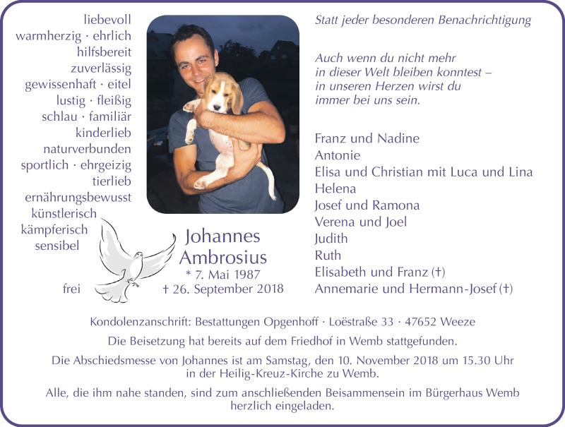  Traueranzeige für Johannes Ambrosius vom 06.10.2018 aus 
