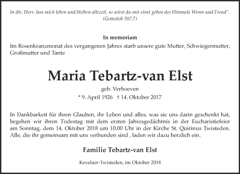  Traueranzeige für Maria Tebartz-van Elst vom 10.10.2018 aus 
