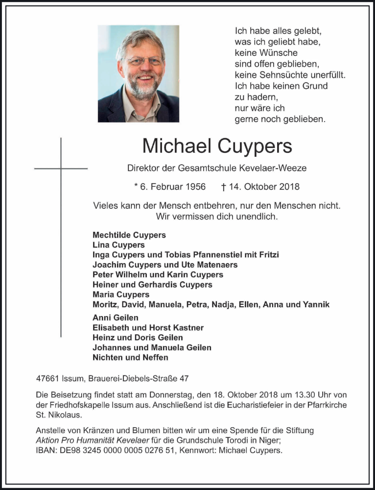  Traueranzeige für Michael Cuypers vom 17.10.2018 aus 