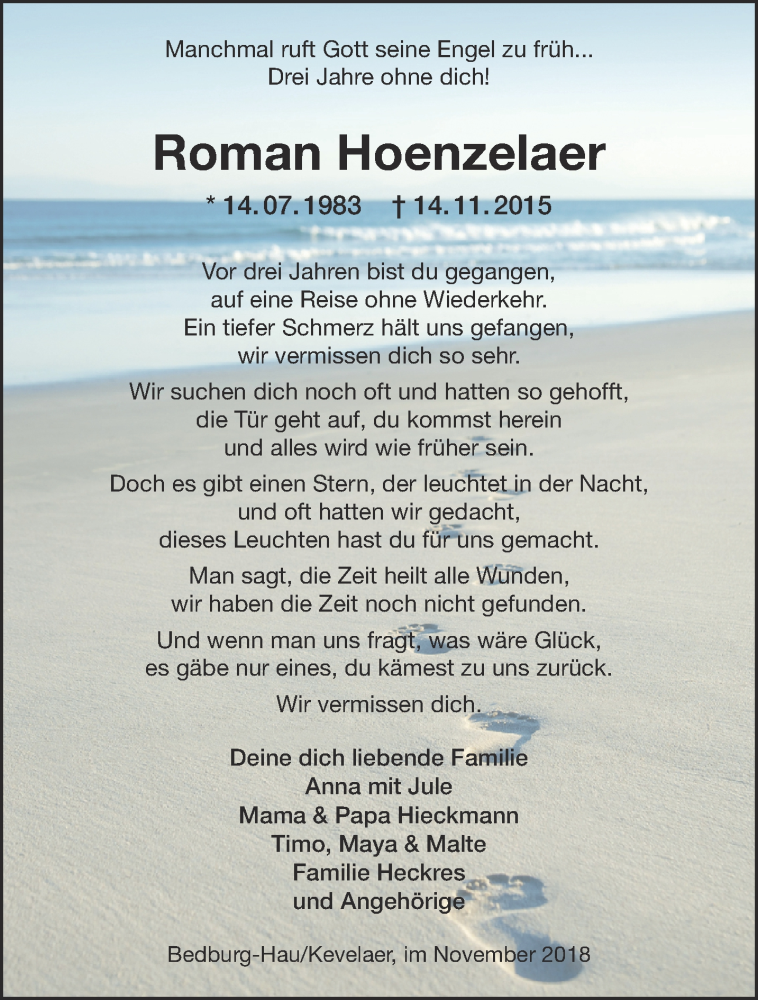  Traueranzeige für Roman Hoenzelaer vom 17.11.2018 aus 