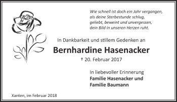 Traueranzeige von Bernhardine Hasenacker 