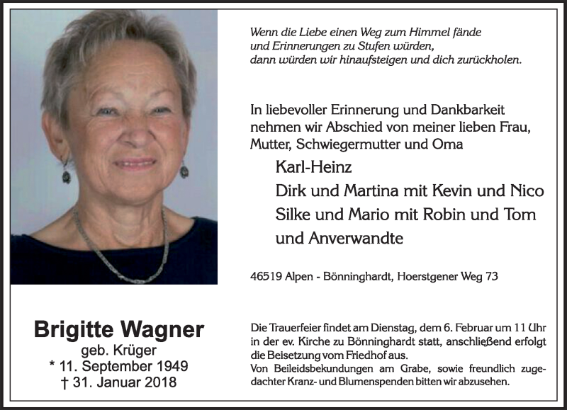  Traueranzeige für Brigitte Wagner vom 03.02.2018 aus 