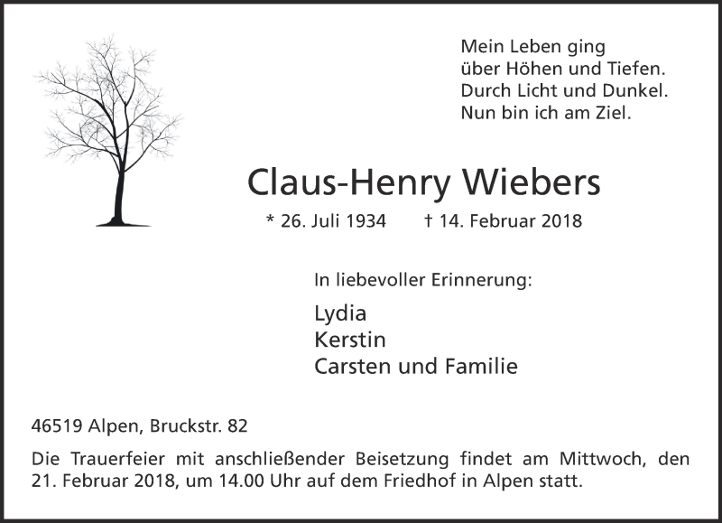  Traueranzeige für Claus-Henry Wiebers vom 17.02.2018 aus 