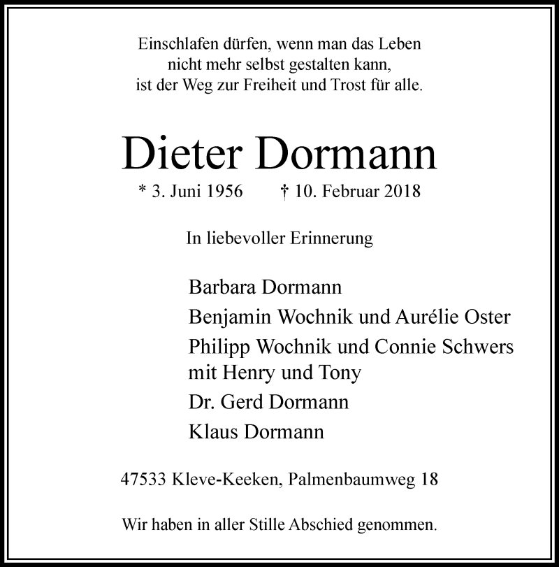  Traueranzeige für Dieter Dormann vom 17.02.2018 aus 