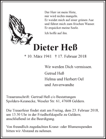 Traueranzeige von Dieter Heß 