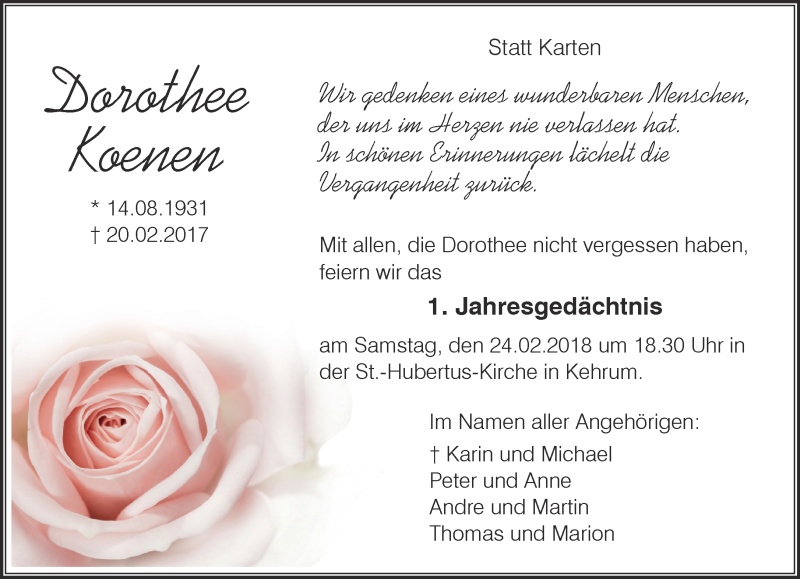  Traueranzeige für Dorothee Koenen vom 17.02.2018 aus 