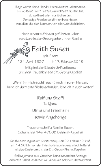 Traueranzeige von Edith Susen 