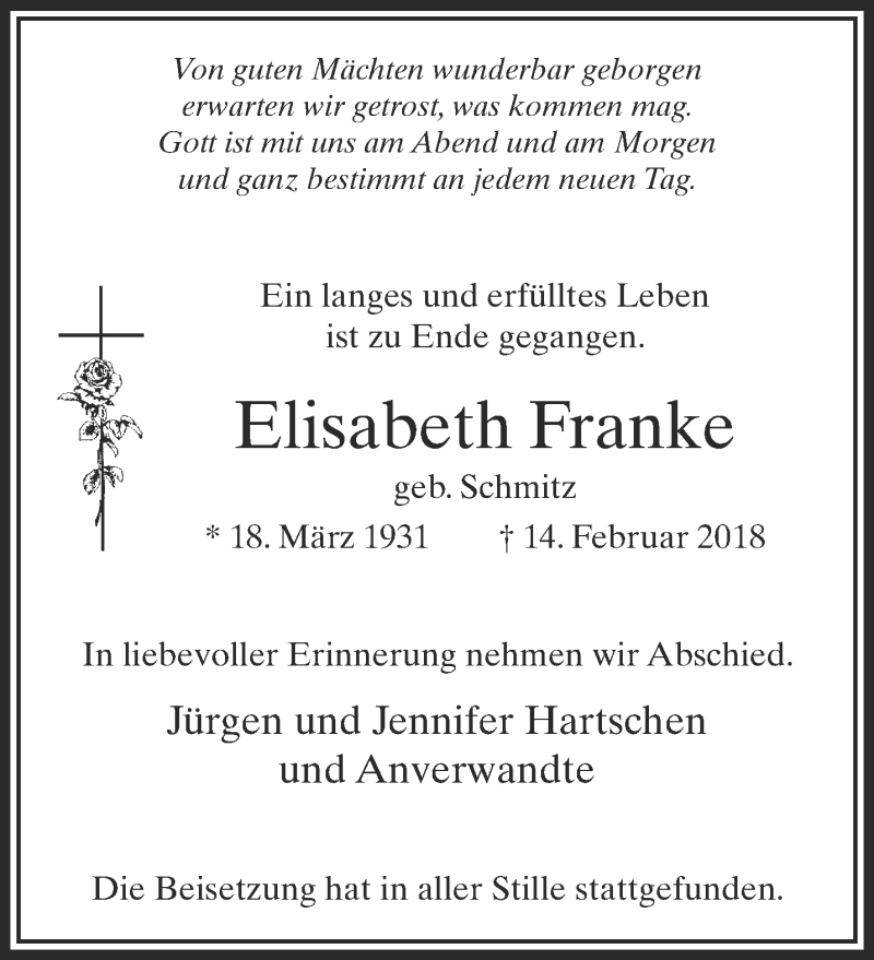  Traueranzeige für Elisabeth Franke vom 24.02.2018 aus 