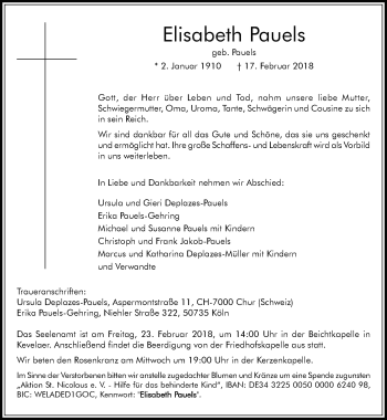 Traueranzeige von Elisabeth Pauels 