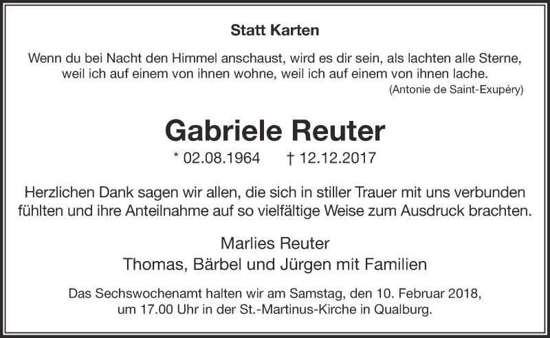  Traueranzeige für Gabriele Reuter vom 03.02.2018 aus 
