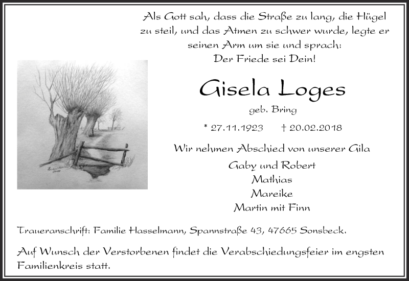  Traueranzeige für Gisela Loges vom 24.02.2018 aus 