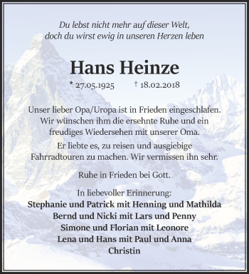 Traueranzeige von Hans Heinze 