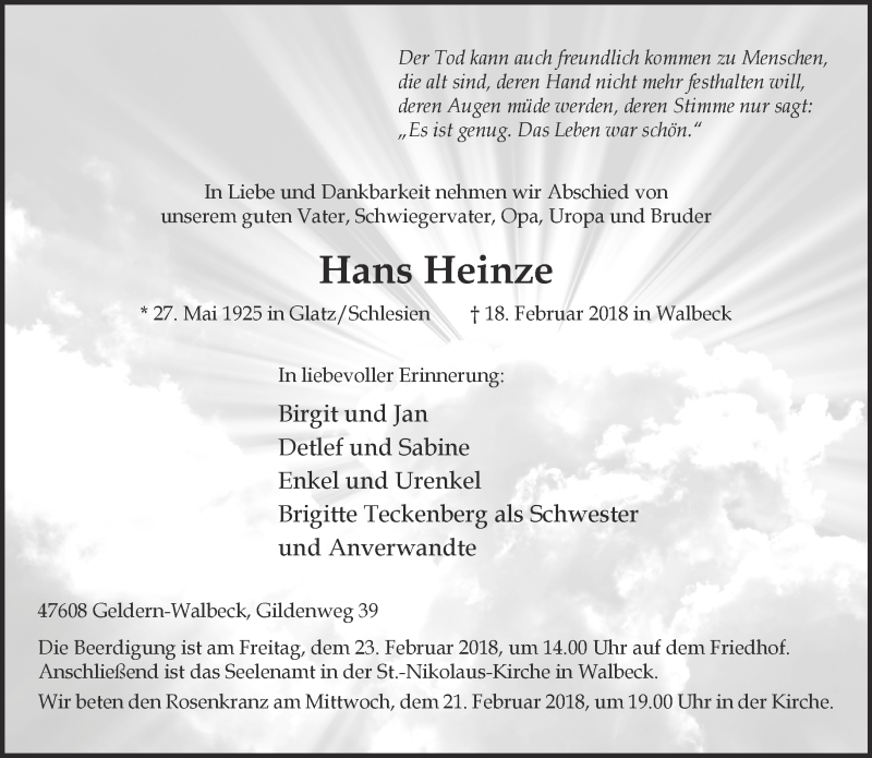  Traueranzeige für Hans Heinze vom 21.02.2018 aus 
