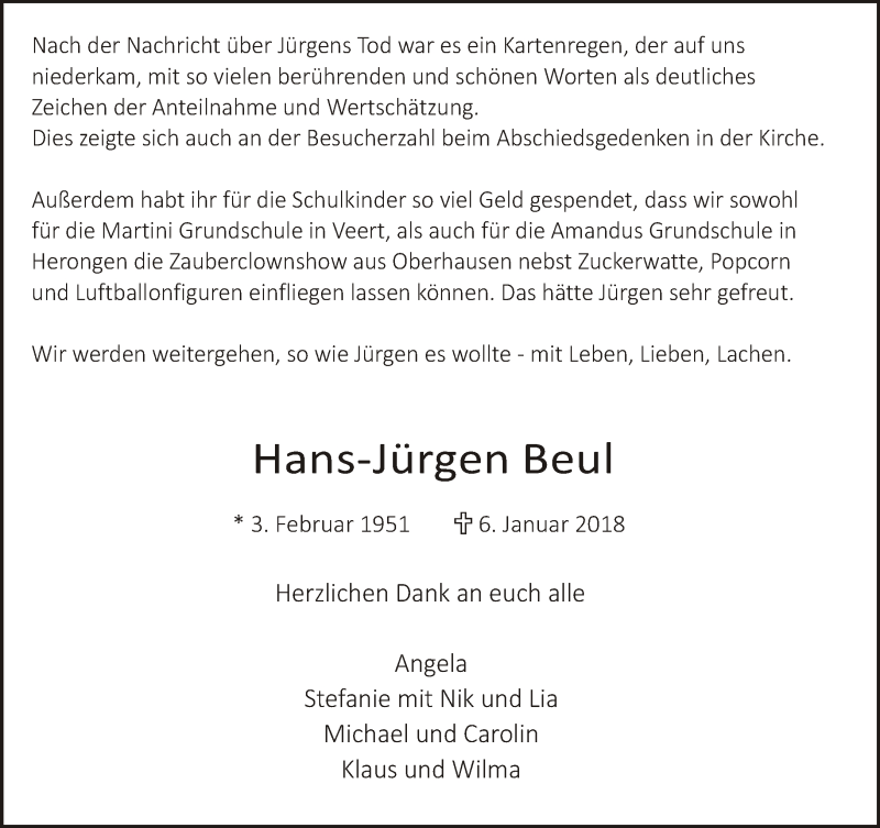  Traueranzeige für Hans-Jürgen Beul vom 03.02.2018 aus 