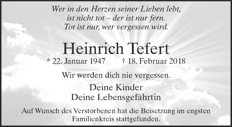  Traueranzeige für Heinrich Tefert vom 24.02.2018 aus 