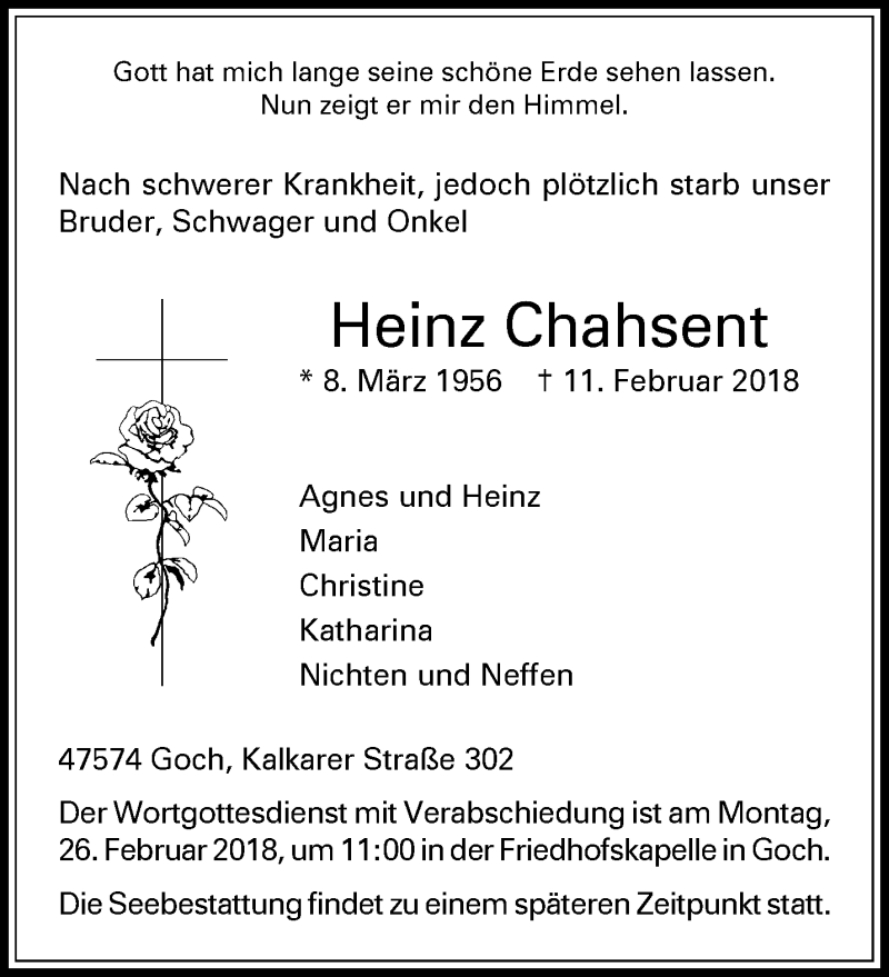  Traueranzeige für Heinz Chahsent vom 17.02.2018 aus 