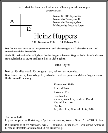 Traueranzeige von Heinz Huppers 