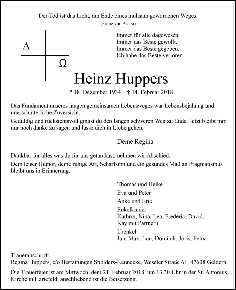  Traueranzeige für Heinz Huppers vom 17.02.2018 aus 