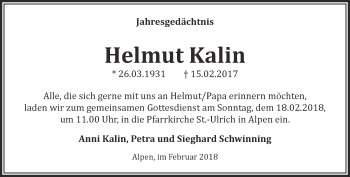 Traueranzeige von Helmut Kalin 