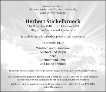Traueranzeige von Herbert Stickelbroeck 