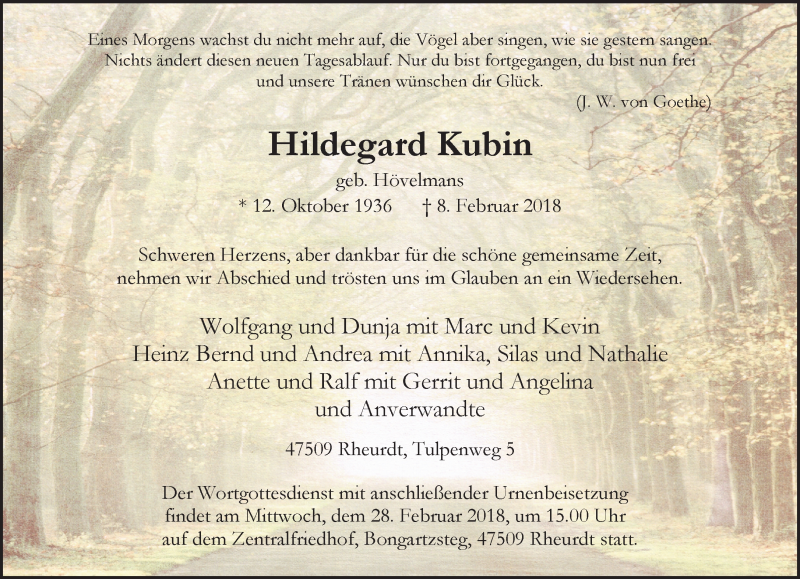  Traueranzeige für Hildegard Kubin vom 17.02.2018 aus 