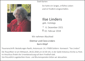 Traueranzeige von Ilse Linders 