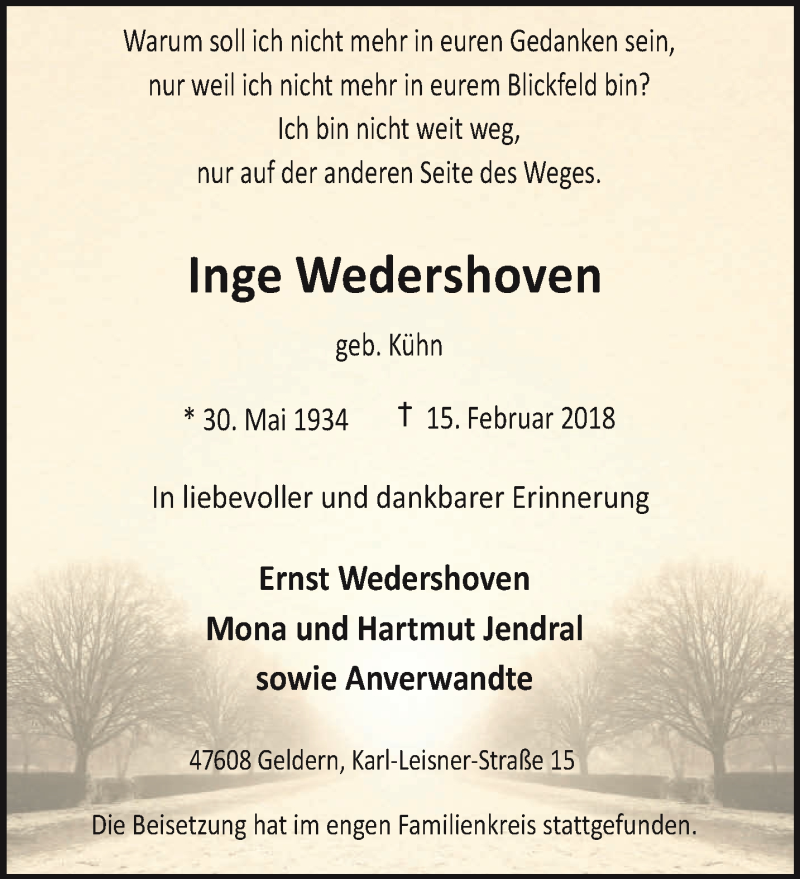  Traueranzeige für Inge Wedershoven vom 24.02.2018 aus 