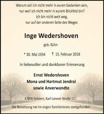 Traueranzeige von Inge Wedershoven 