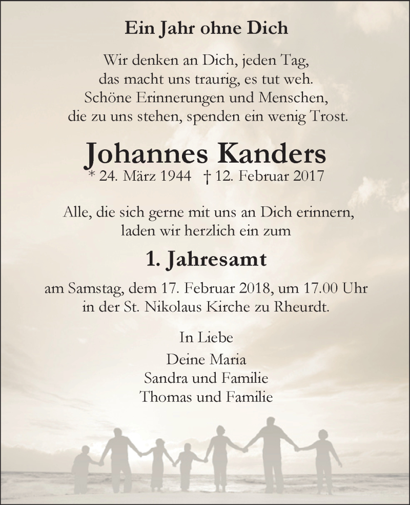  Traueranzeige für Johannes Kanders vom 10.02.2018 aus 