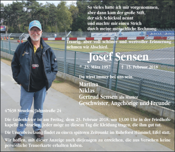 Traueranzeige von Josef Sensen 