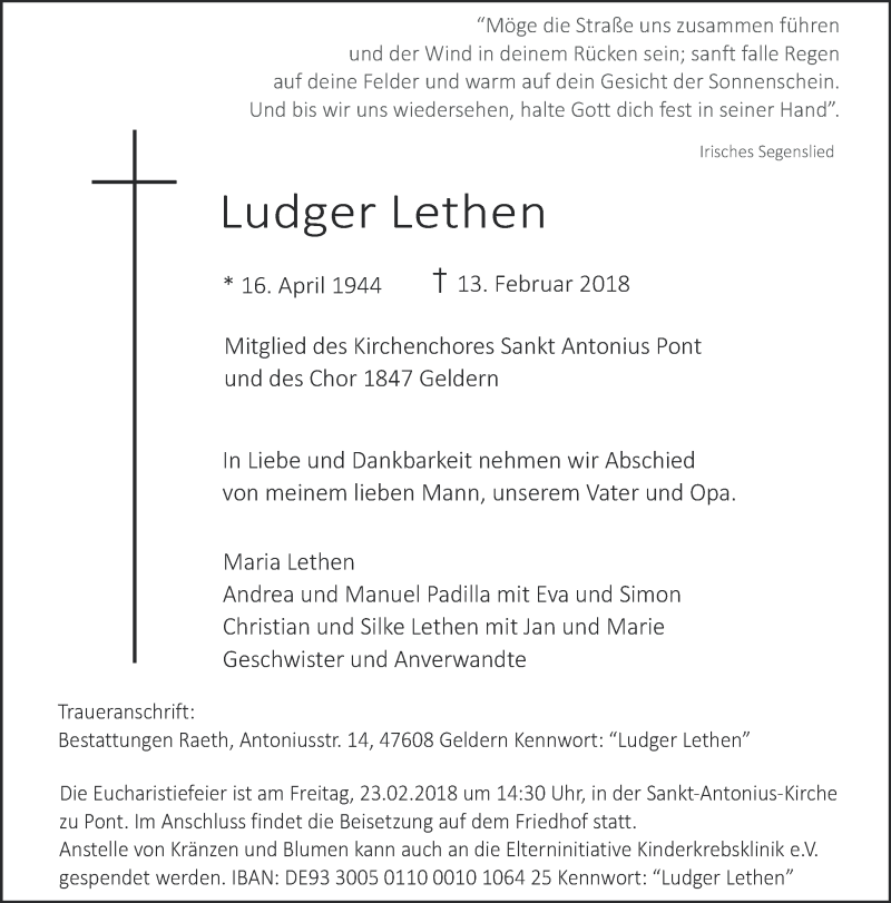  Traueranzeige für Ludger Lethen vom 17.02.2018 aus 