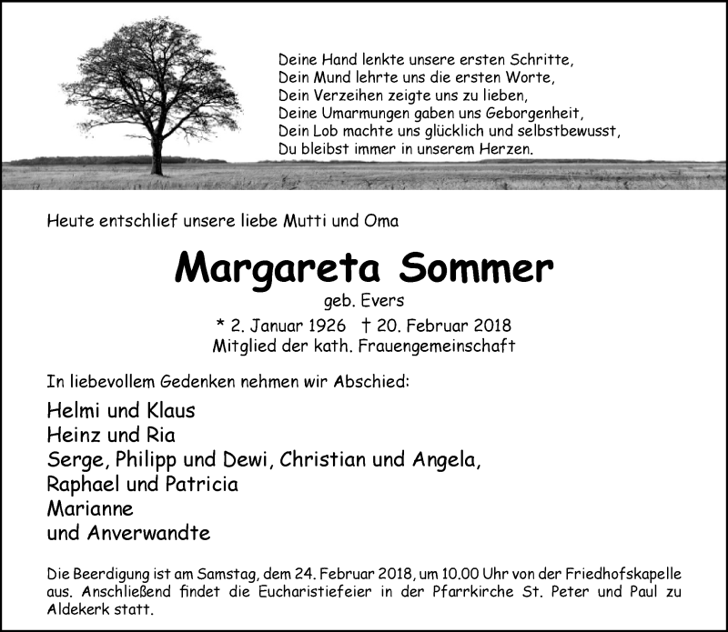 Traueranzeige für Margareta Sommer vom 24.02.2018 aus 