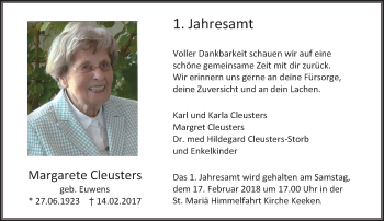 Traueranzeige von Margarete Cleusters 