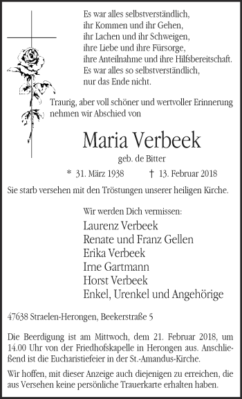 Traueranzeige von Maria Verbeek 