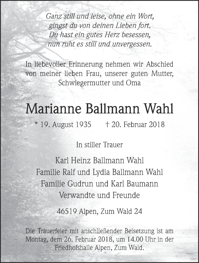  Traueranzeige für Marianne Ballmann Wahl vom 24.02.2018 aus 