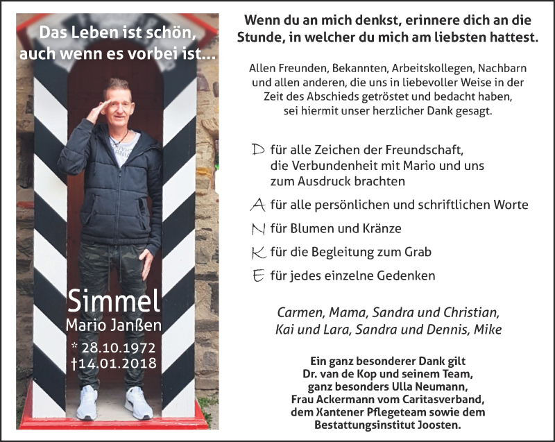  Traueranzeige für Mario Janßen vom 10.02.2018 aus 