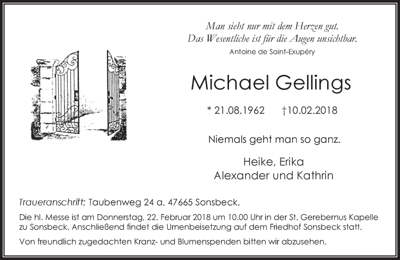  Traueranzeige für Michael Gellings vom 17.02.2018 aus 