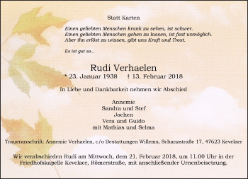 Traueranzeige von Rudi Verhaelen 