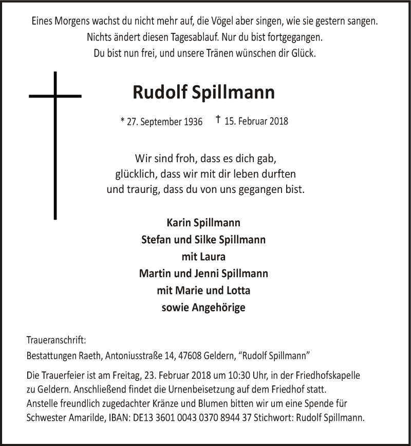  Traueranzeige für Rudolf Spillmann vom 21.02.2018 aus 