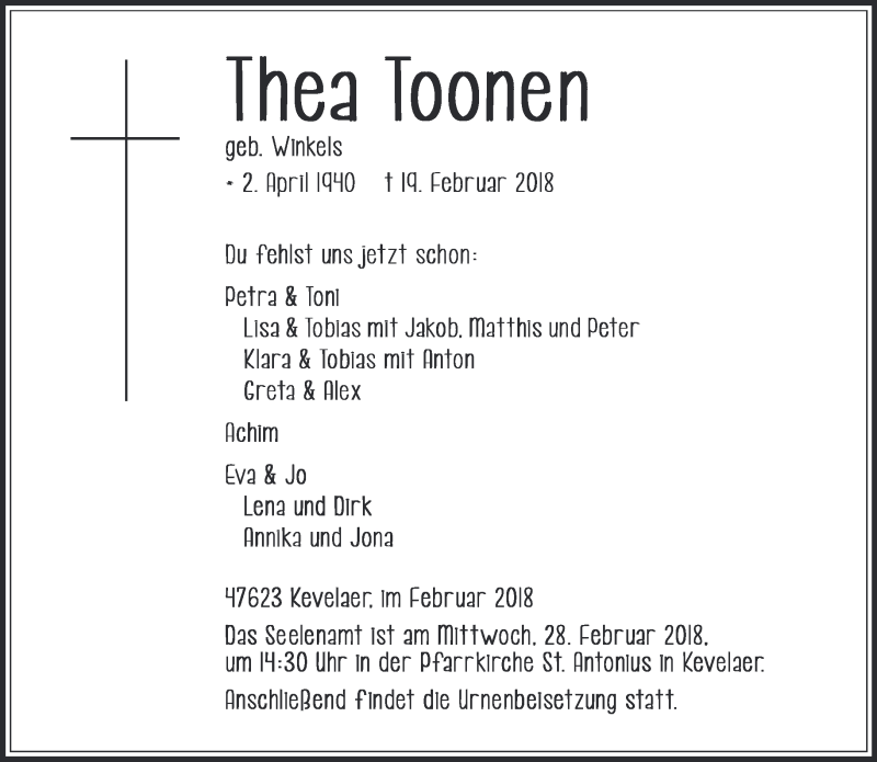  Traueranzeige für Thea Toonen vom 24.02.2018 aus 