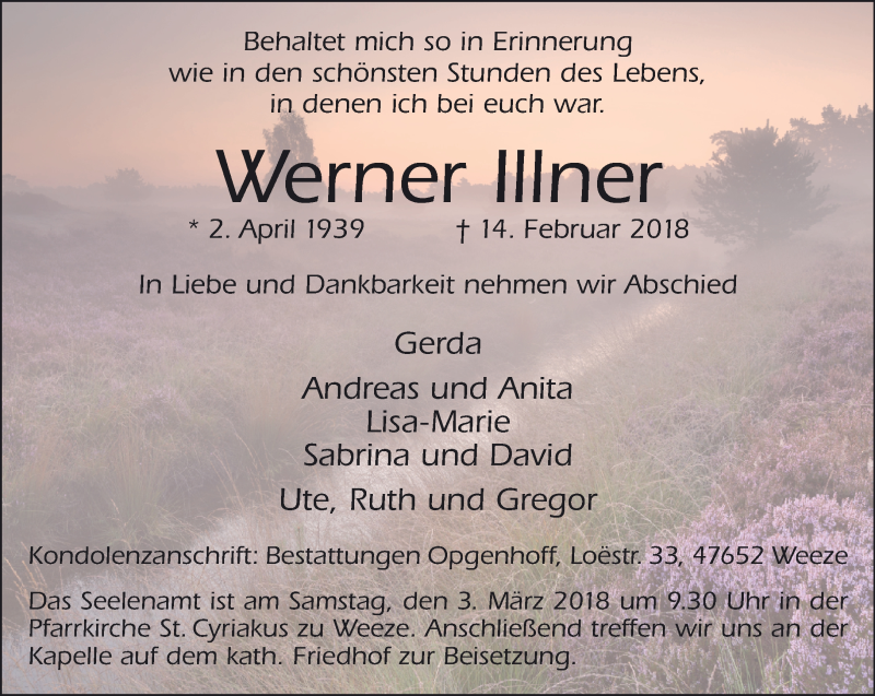  Traueranzeige für Werner Illner vom 24.02.2018 aus 