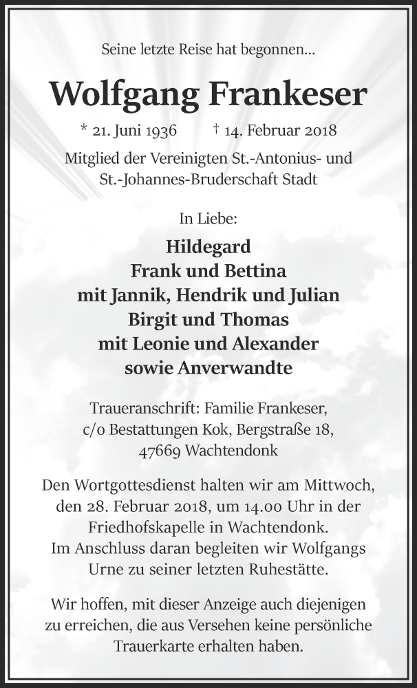  Traueranzeige für Wolfgang Frankeser vom 24.02.2018 aus 
