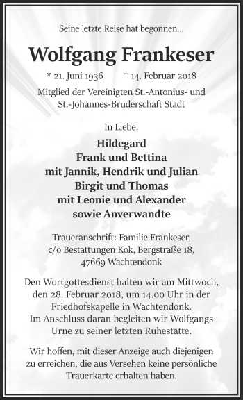 Traueranzeige von Wolfgang Frankeser 
