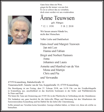 Traueranzeige von Änne Teuwsen 
