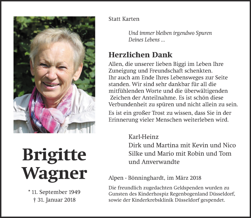  Traueranzeige für Brigitte Wagner vom 17.03.2018 aus 