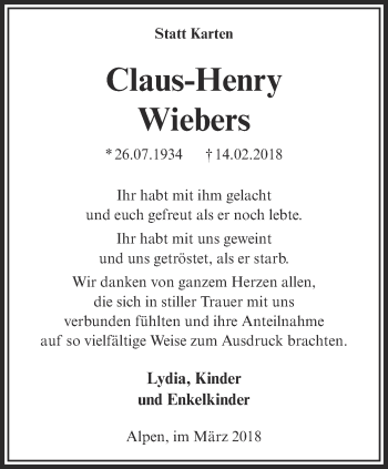 Traueranzeige von Claus-Henry Wiebers 