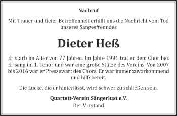 Traueranzeige von Dieter Heß 