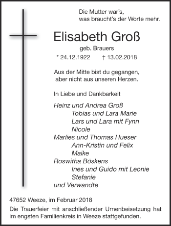 Traueranzeige von Elisabeth Groß 
