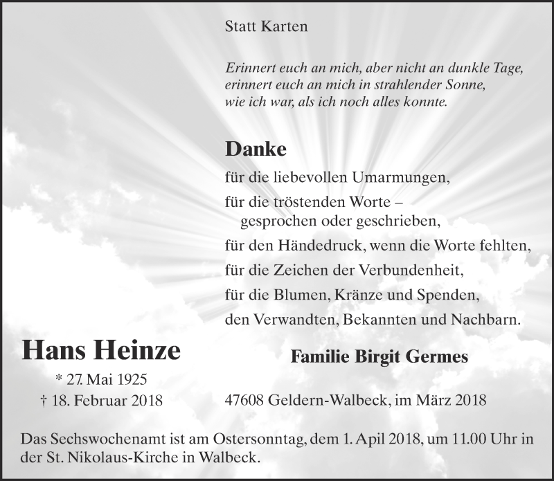  Traueranzeige für Hans Heinze vom 24.03.2018 aus 